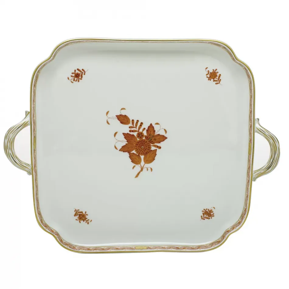 Chinese Bouquet Rust Square Tray With Handles 12.75 in L X 12.75 in W