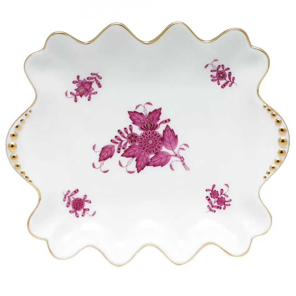 Chinese Bouquet Raspberry Small Dish With Pearls 5.75 in L X 6.75 in W