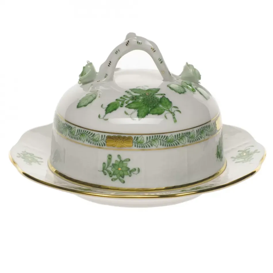 Chinese Bouquet Green Covered Butter Dish 6 in D 3.5 in H
