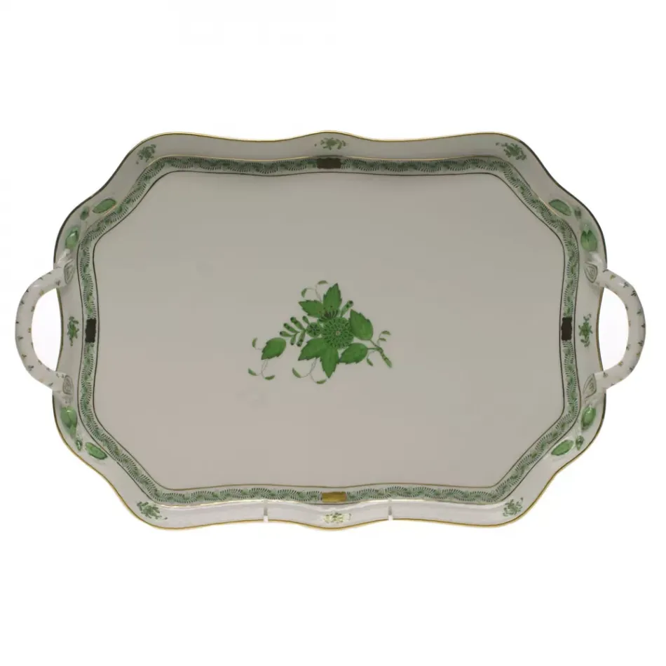 Chinese Bouquet Green Rectangular Tray With Branch Handles 18 in L