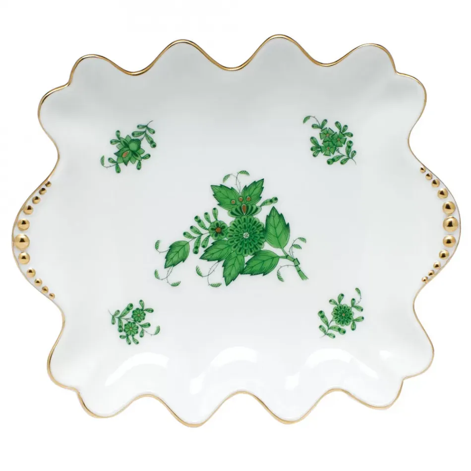 Chinese Bouquet Green Small Dish With Pearls 5.75 in L X 6.75 in W