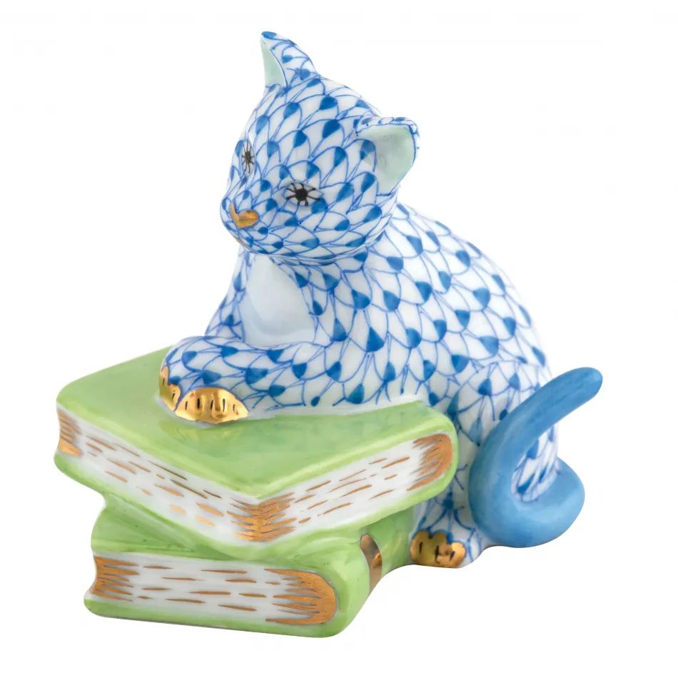 Cat On Books Blue
