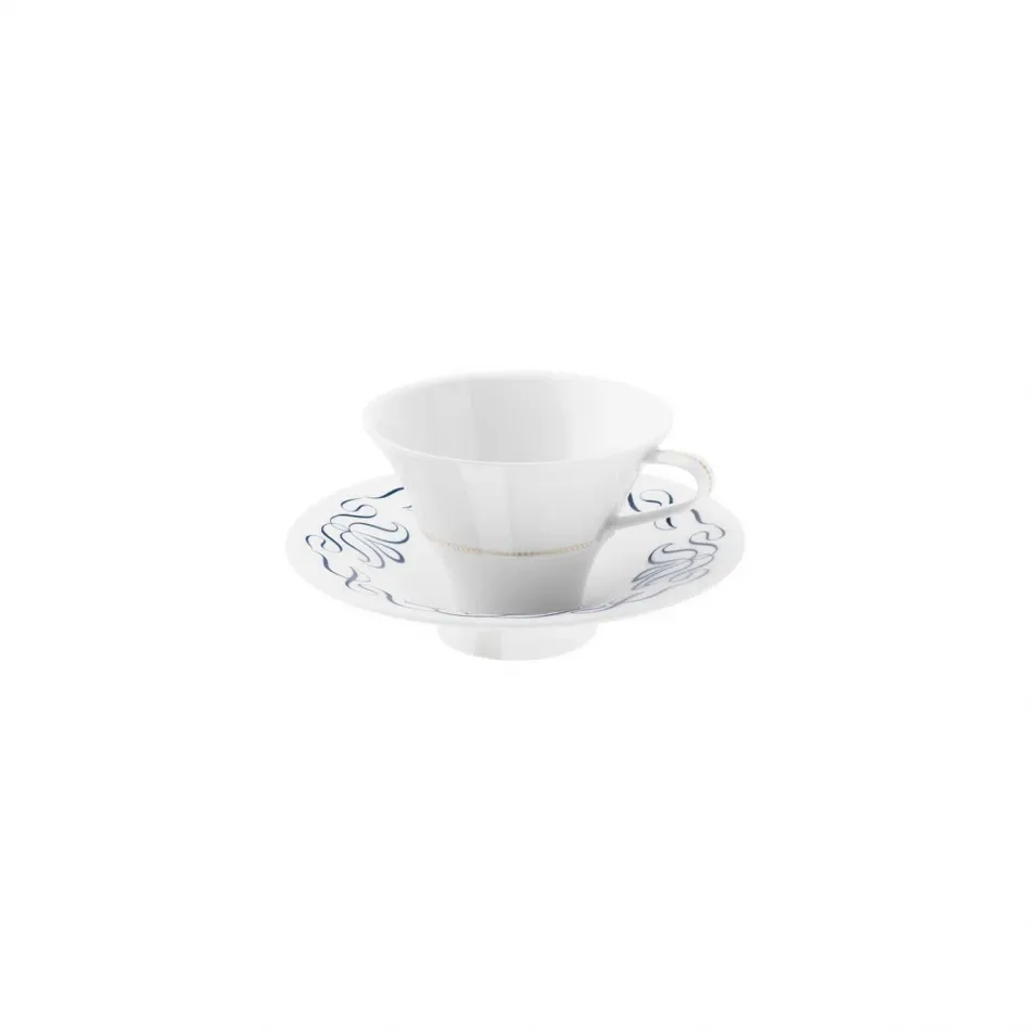 Alif Blue Coffee/Tea Cup With Saucer, Conical Diam 4.3" High 3.1" 5.7Oz Diam 6.5" High 1.6"