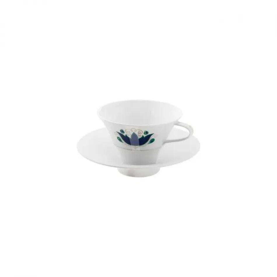 Alif Blue Green Gold Coffee/Tea Cup With Saucer, Conical Diam 4.3" High 3.1" 5.7Oz Diam 6.5" High 1.6"