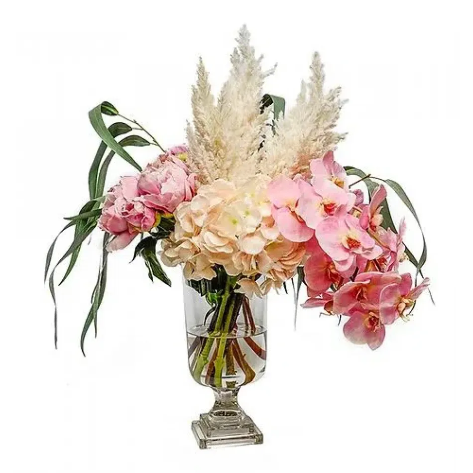 Pink Orchids/ Pampas In Glass Urn