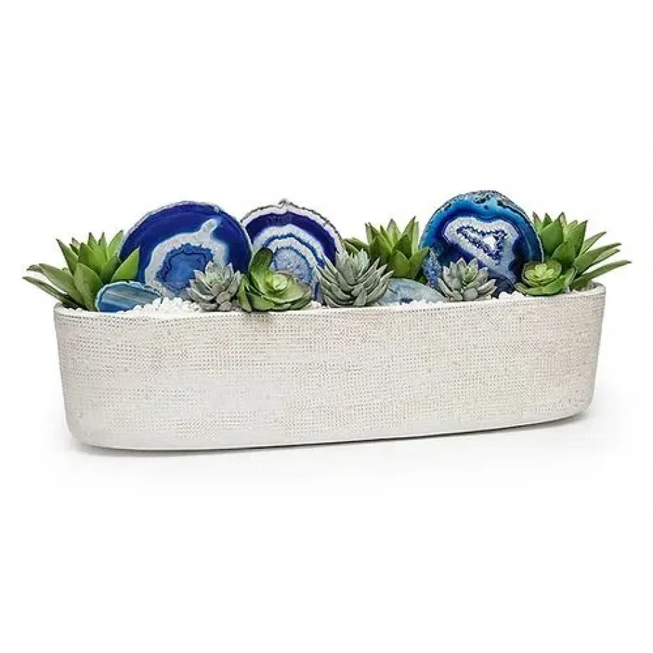 19" Long White Planter With Succulents And Agate Slices