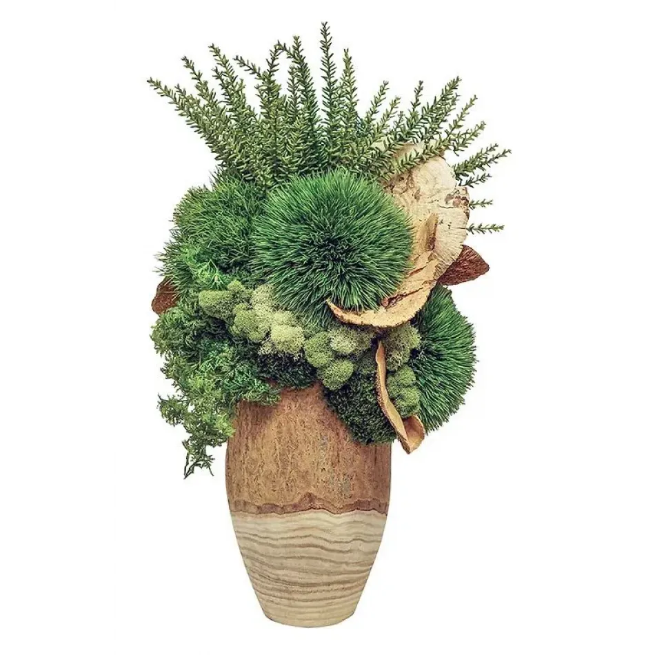 Tall Wood Vase With Botanicals/Natural Mushrooms