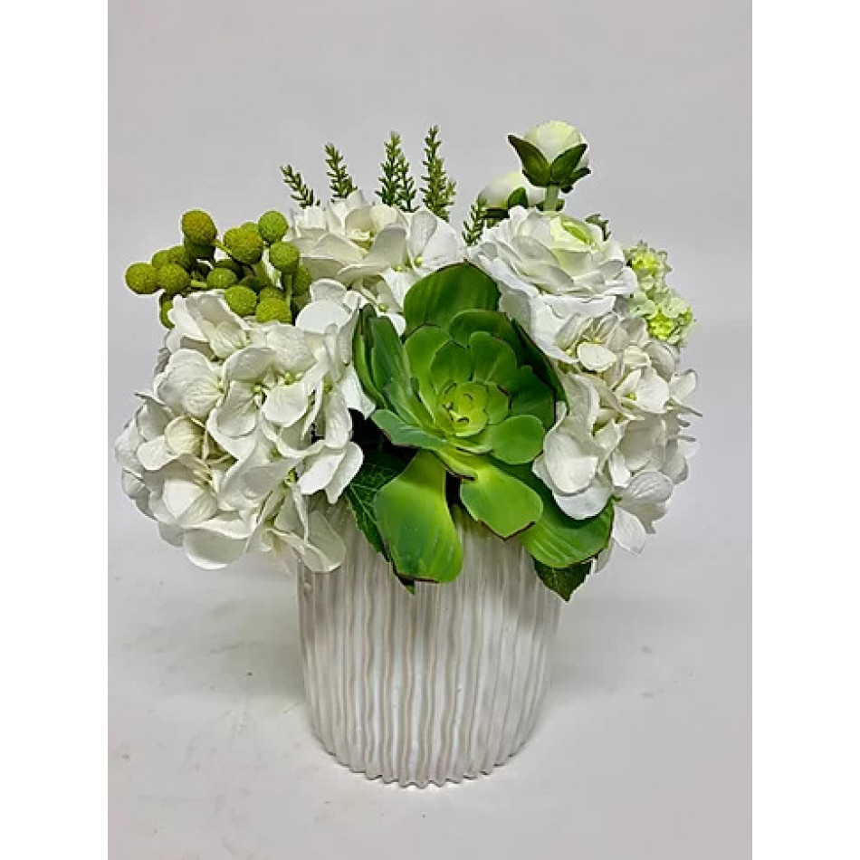 White/Green Floral in White Pot 16" x 15"