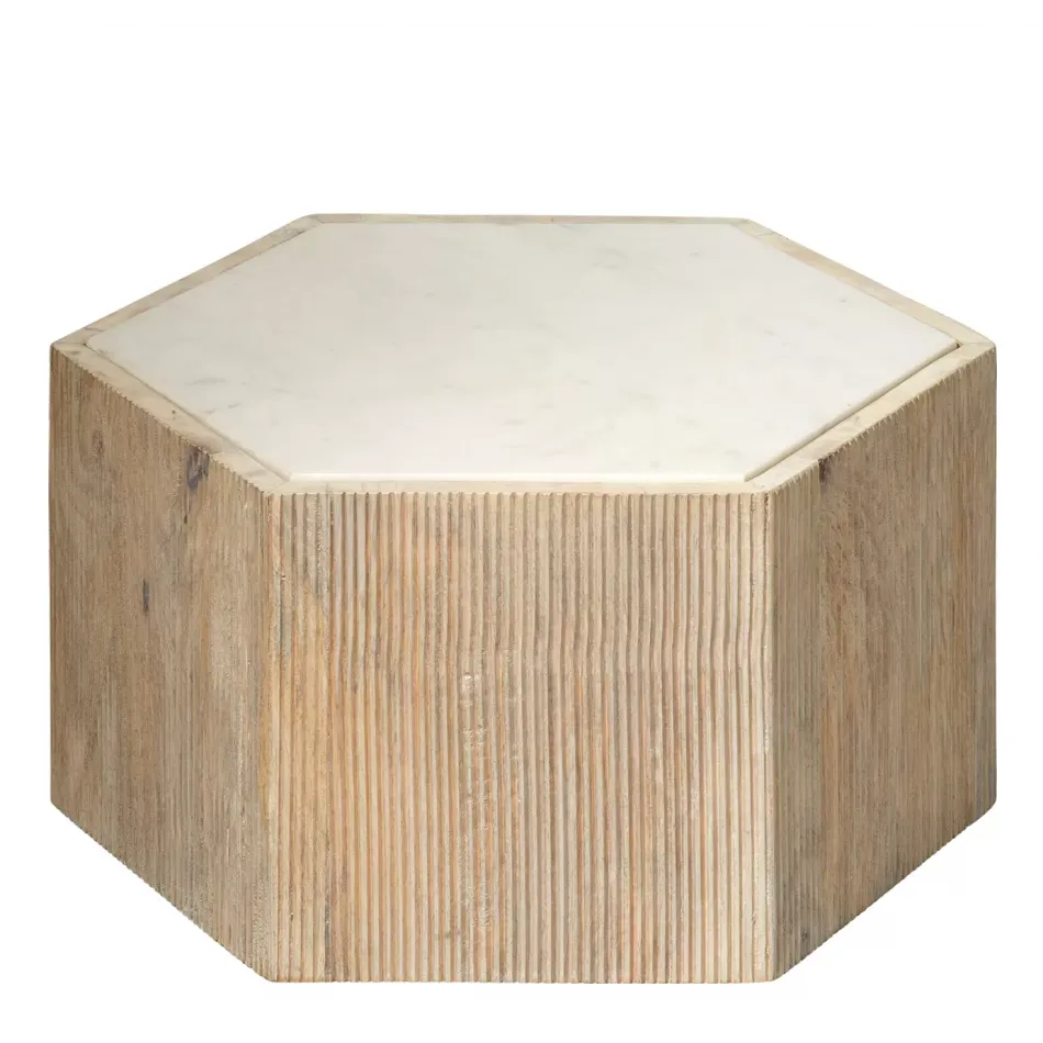 Argan Hexagon Table Natural Wood & White Marble Small