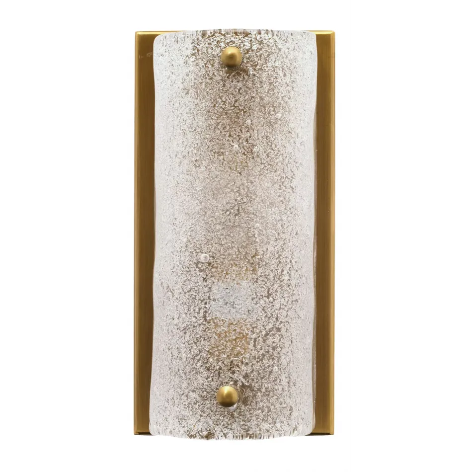 Moet Rounded Sconce, Textured Melted Ice Glass and Antique Brass Metal