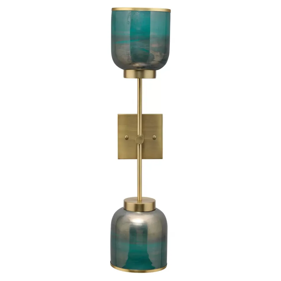 Vapor Double Sconce, Antique Brass and Aqua Metallic Glass