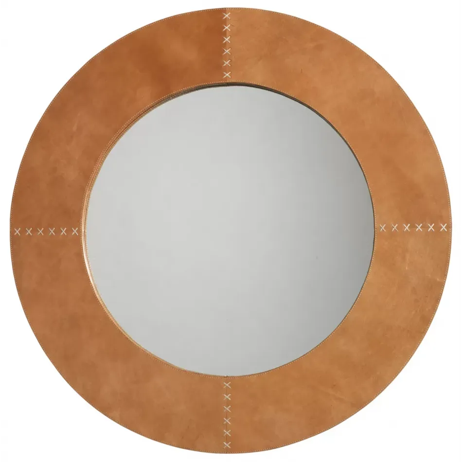 Round Cross Stitch Mirror, Buff Leather