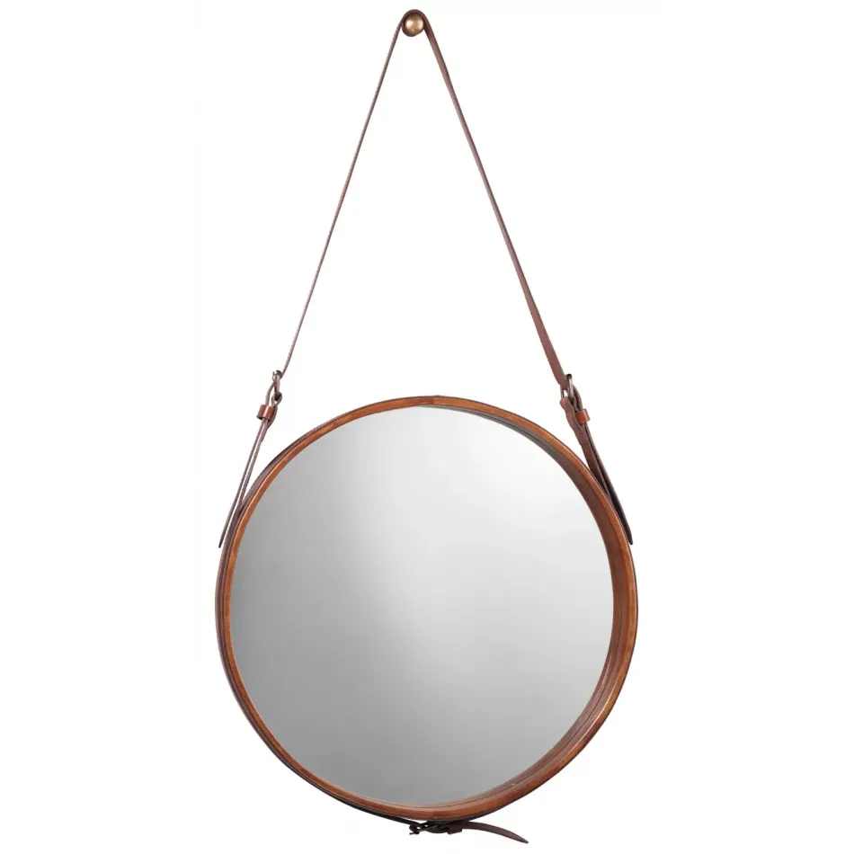 Round Large Mirror Brown Leather