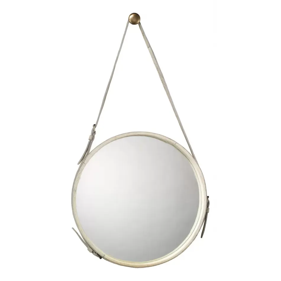 Round Steel Mirror, White Hide