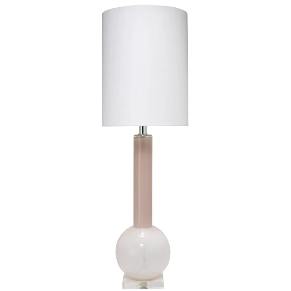 Studio Table Lamp, Leaf Green Glass With Tall Thin Drum Shade, Pink