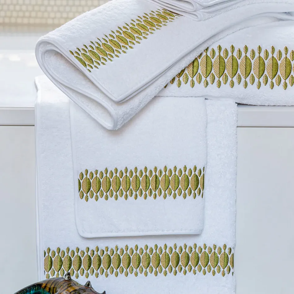 Bali White/Green Embroidered Bath Towels