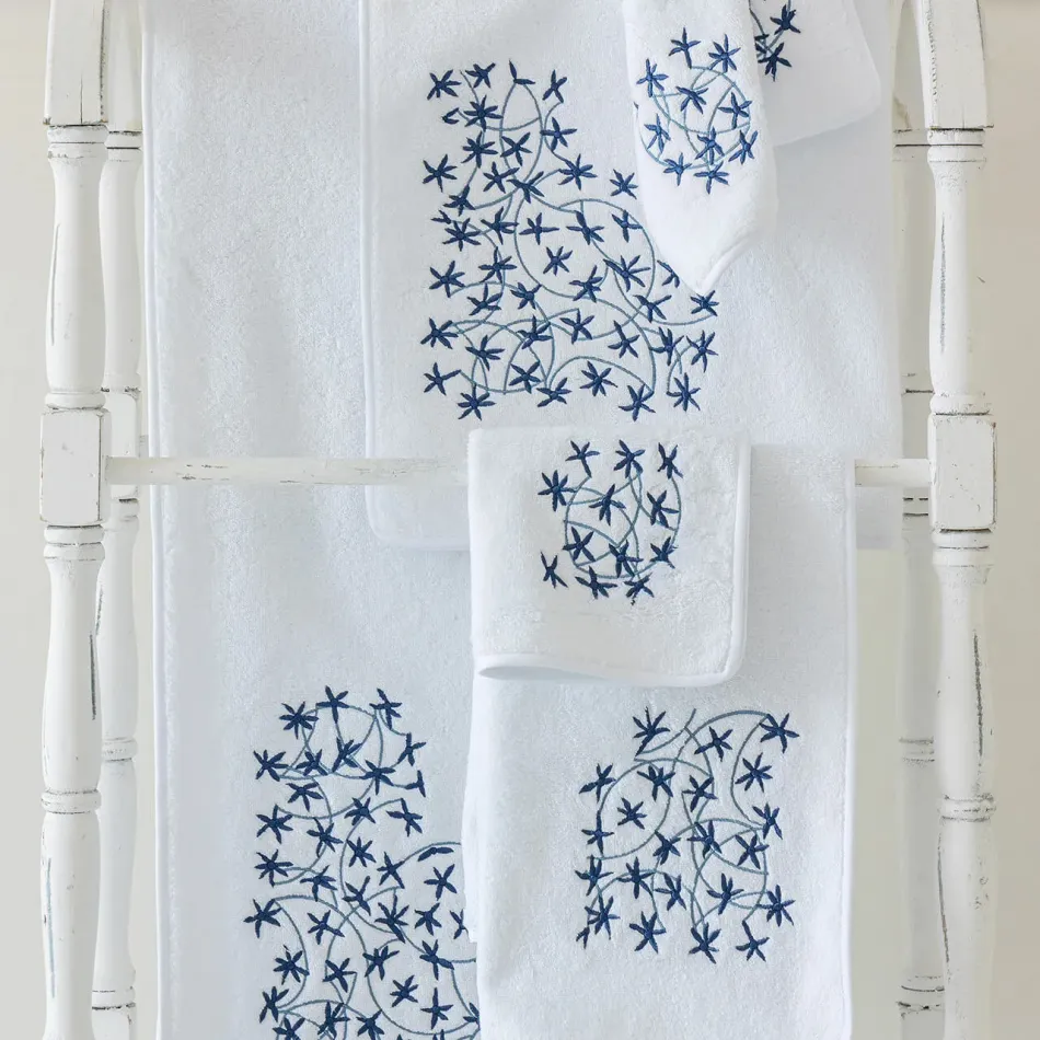 Ikebana White/Blue Embroidered Bath Towels
