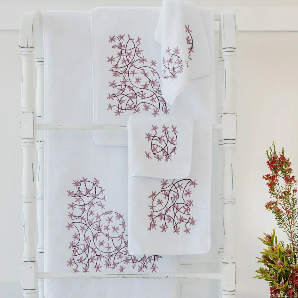 Ikebana White/Pink Embroidered Bath Towels