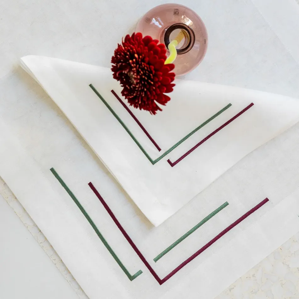 Aquarelle White Linen/Green-Burgundy Embroidered Table Linens