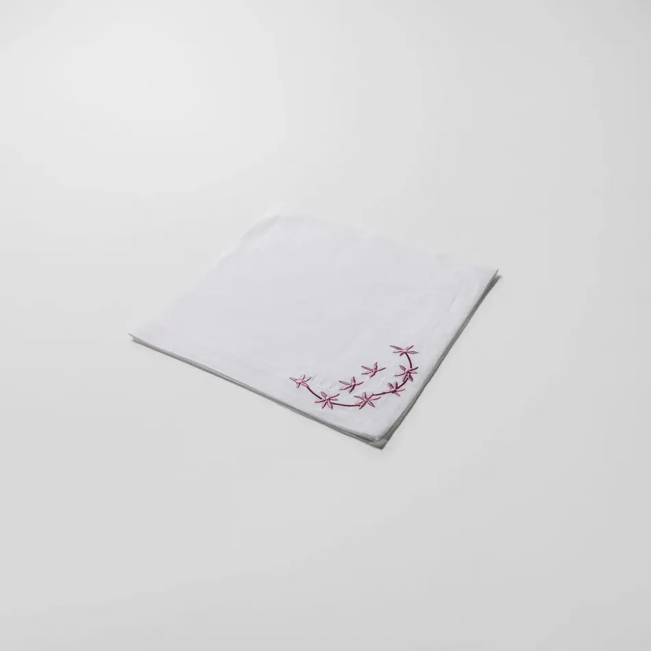 Ikebana 19" Square Napkin - White Linen/Pink Embroidery