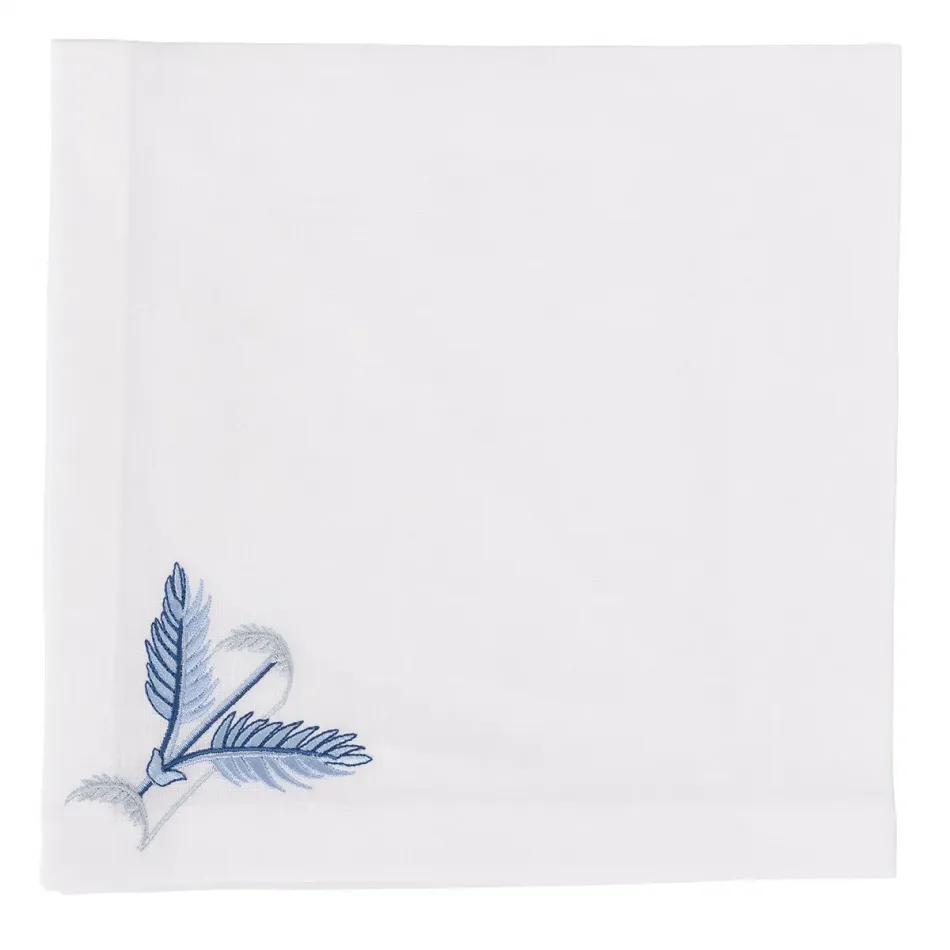 Plumes 19" Square Napkin - White Linen/Light Blue Embroidery