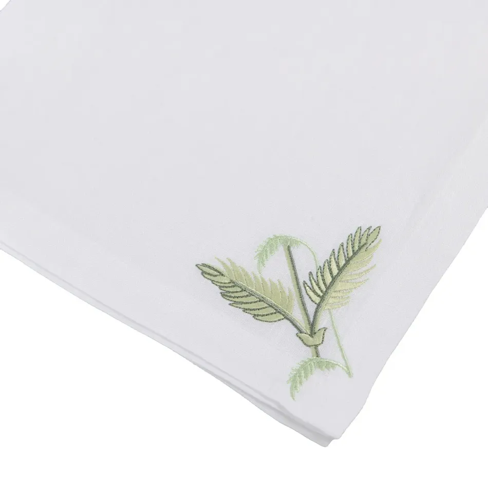 Plumes 19" Square Napkin - White Linen/Green Embroidery