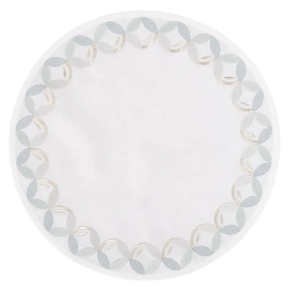 Madama 16" Round Placemat - White Linen/Light Blue Embroidery