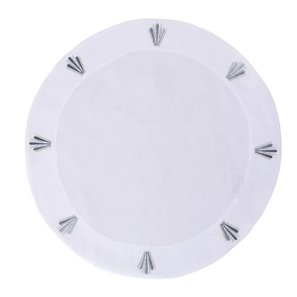 Peacock 16" Round Placemat - White Linen/Light Blue Embroidery