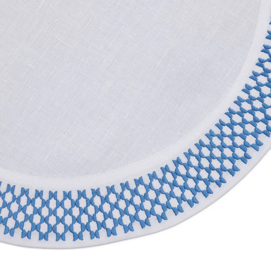 Smock 16" Round Placemat - White Linen/Light Blue Embroidery
