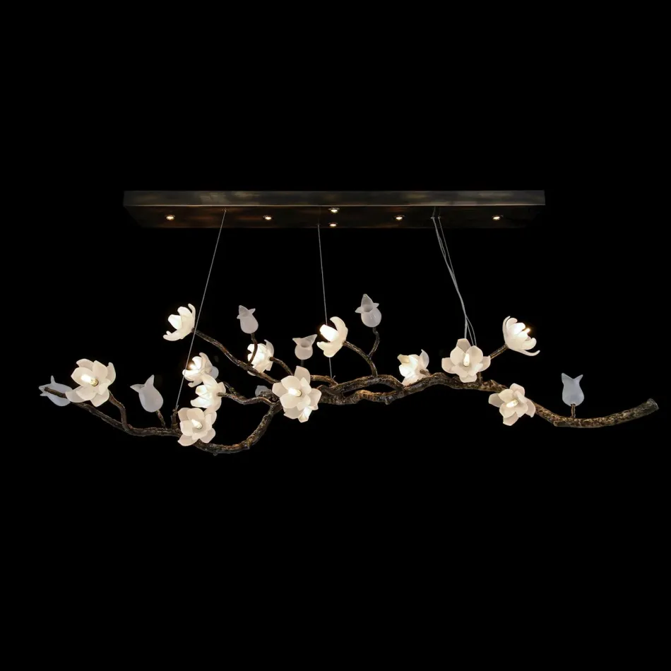 Churippu Magnolia & Tulip Glass Bronze Oblong Nineteen-Light Chandelier