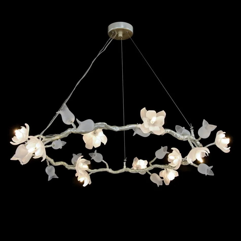 Churippu Magnolia & Tulip Glass Silver Leaf Twelve-Light Halo Chandelier