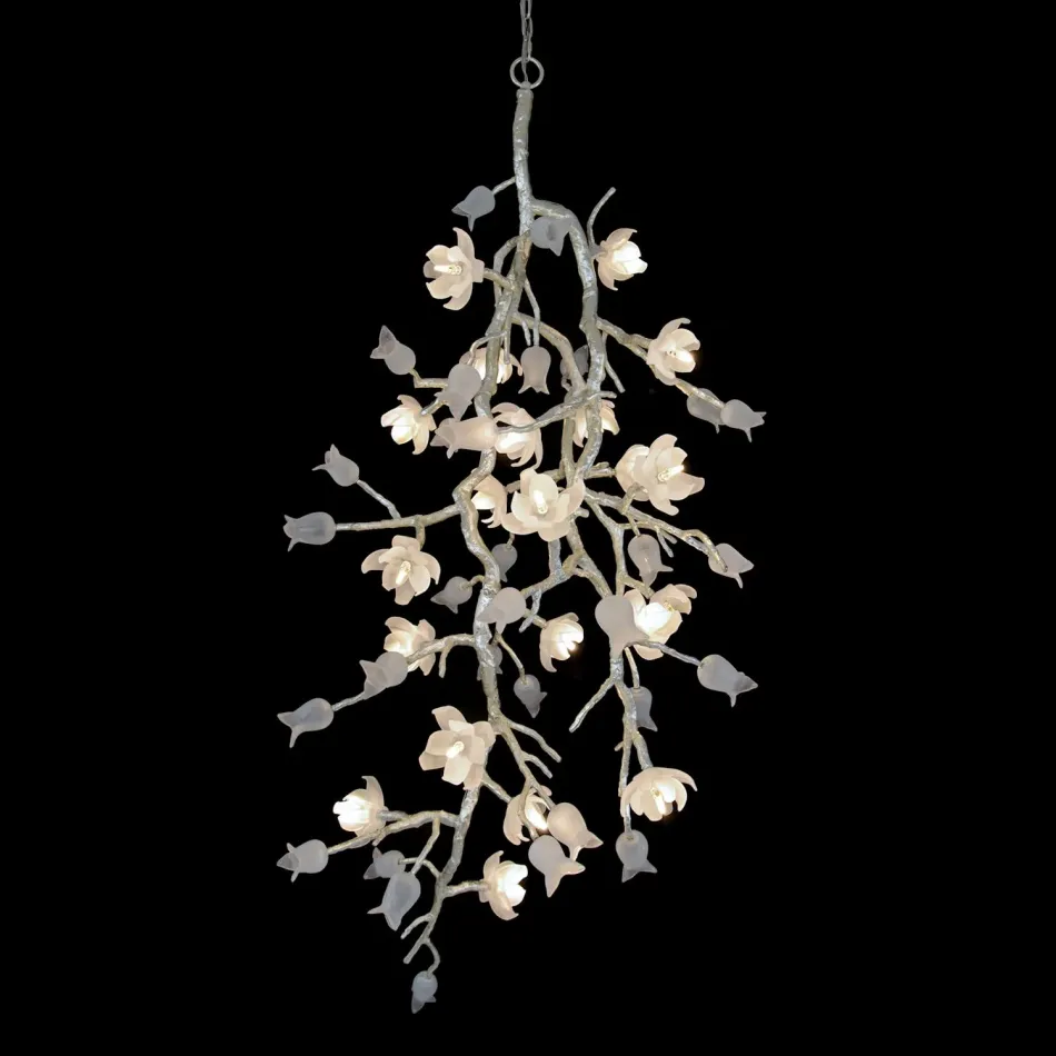 Churippu Magnolia & Tulip Glass Silver Leaf Vertical Twenty-One Light Chandelier