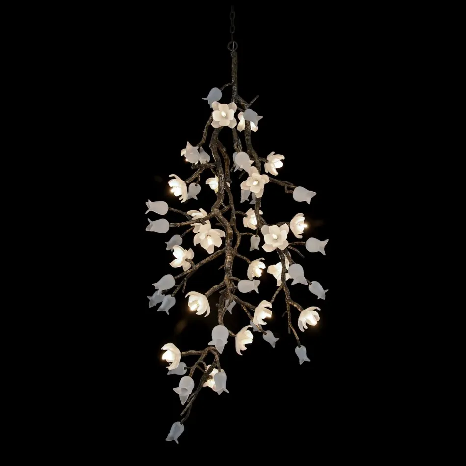 Churippu Magnolia & Tulip Glass Bronze Vertical Twenty-One Light Chandelier