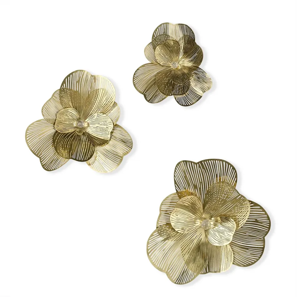 Golden Camellia Wall Art Set of 3 Brass