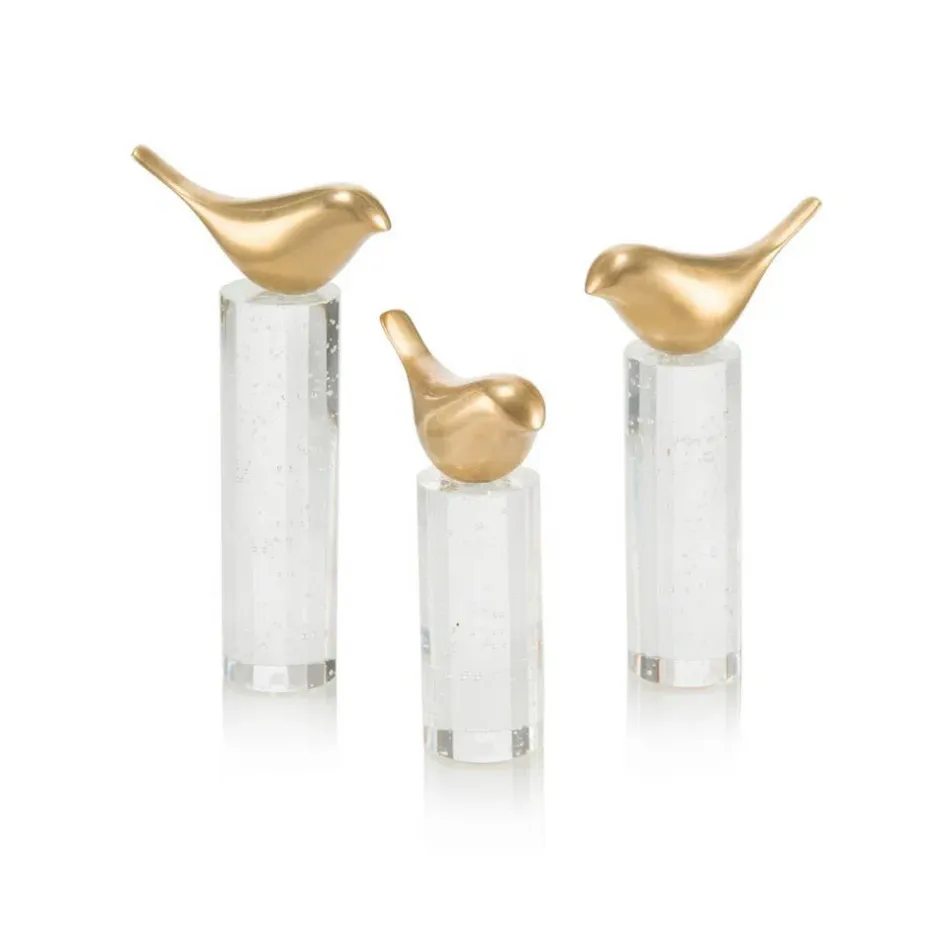Set of Three Perched Brass Birds