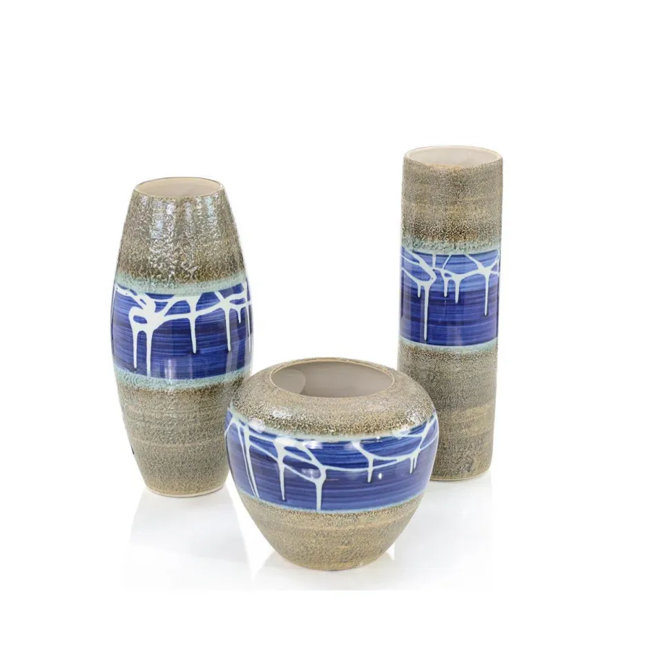 A Set Of Three Blue Dahlia Vases 12.75"H X 1"W X 4"D