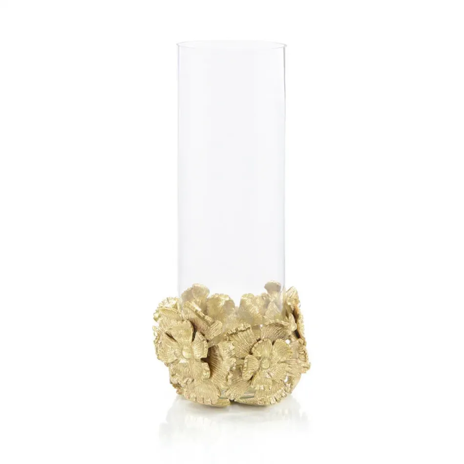 Brass Flowers And Glass Vase I 16"H X 1"W X 7"D