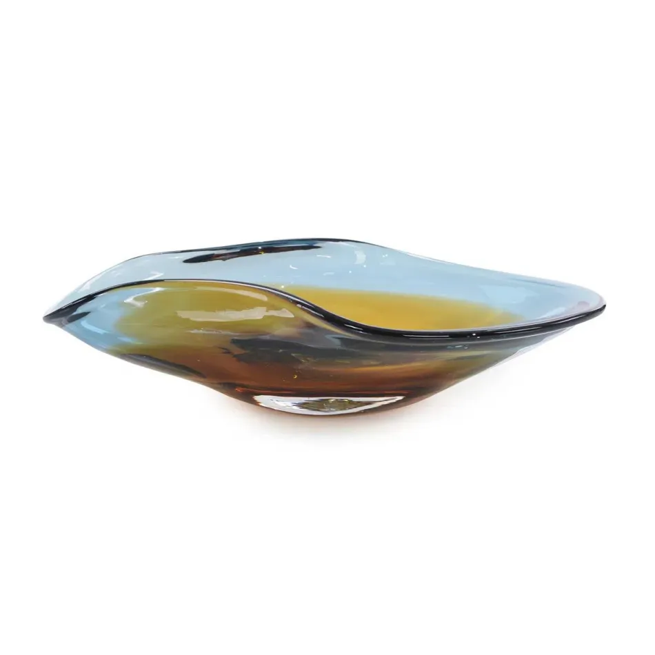 Handblown Dark Blue and Amber Curved Bowl 4.5"H X 9.5"W X 16.25"D