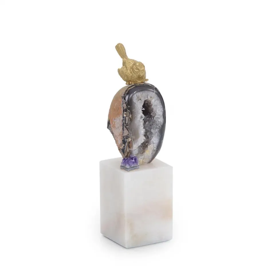 Brass Bird and Geode Sculpture II 9.75"H X 2.75"W X 2.75"D