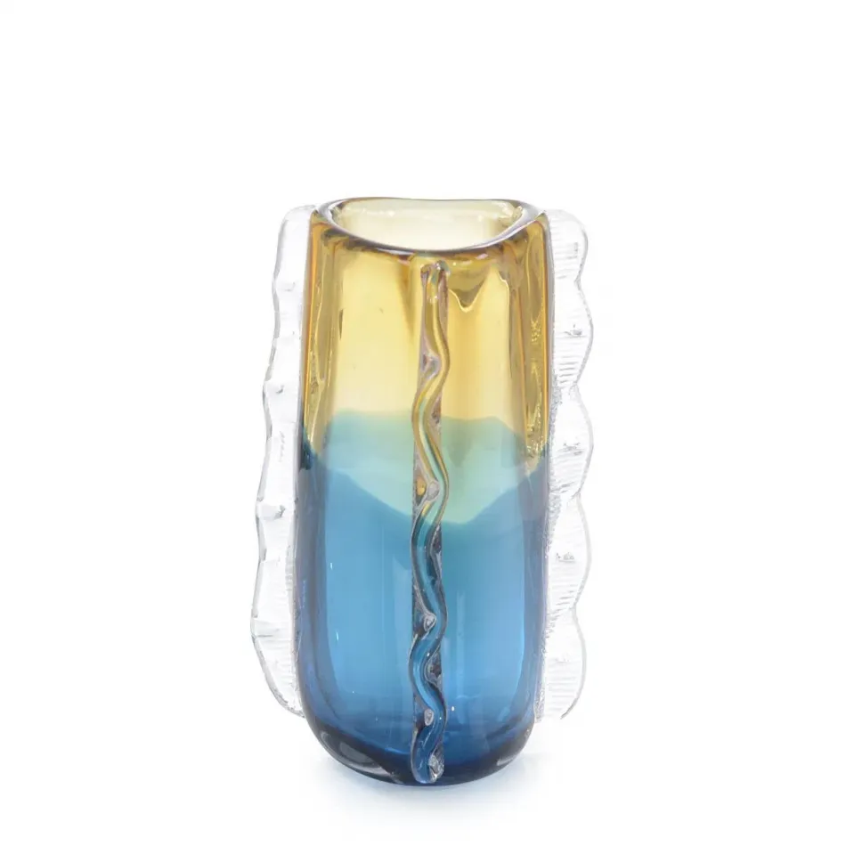 Blue and Yellow Rippled Handblown Glass Vase III 9.75"H X 6"W X 6"D