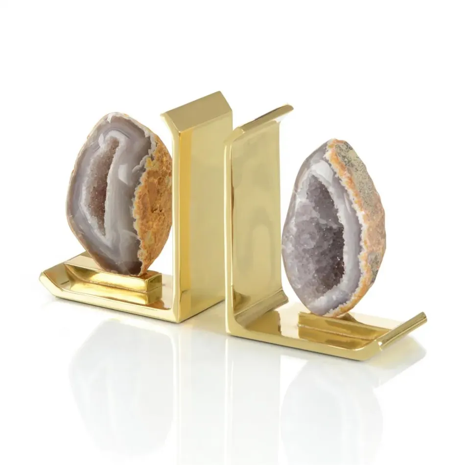 A Set of Two Agate on Brass Bookends