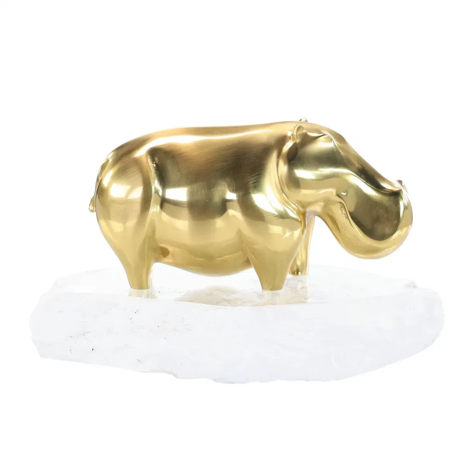 Brass Hippo Sculpture on Selenite