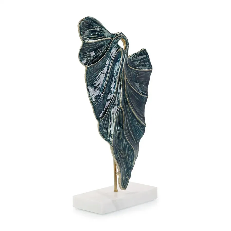 Standing Leaf Sculpture on Marble Base, Large Blue