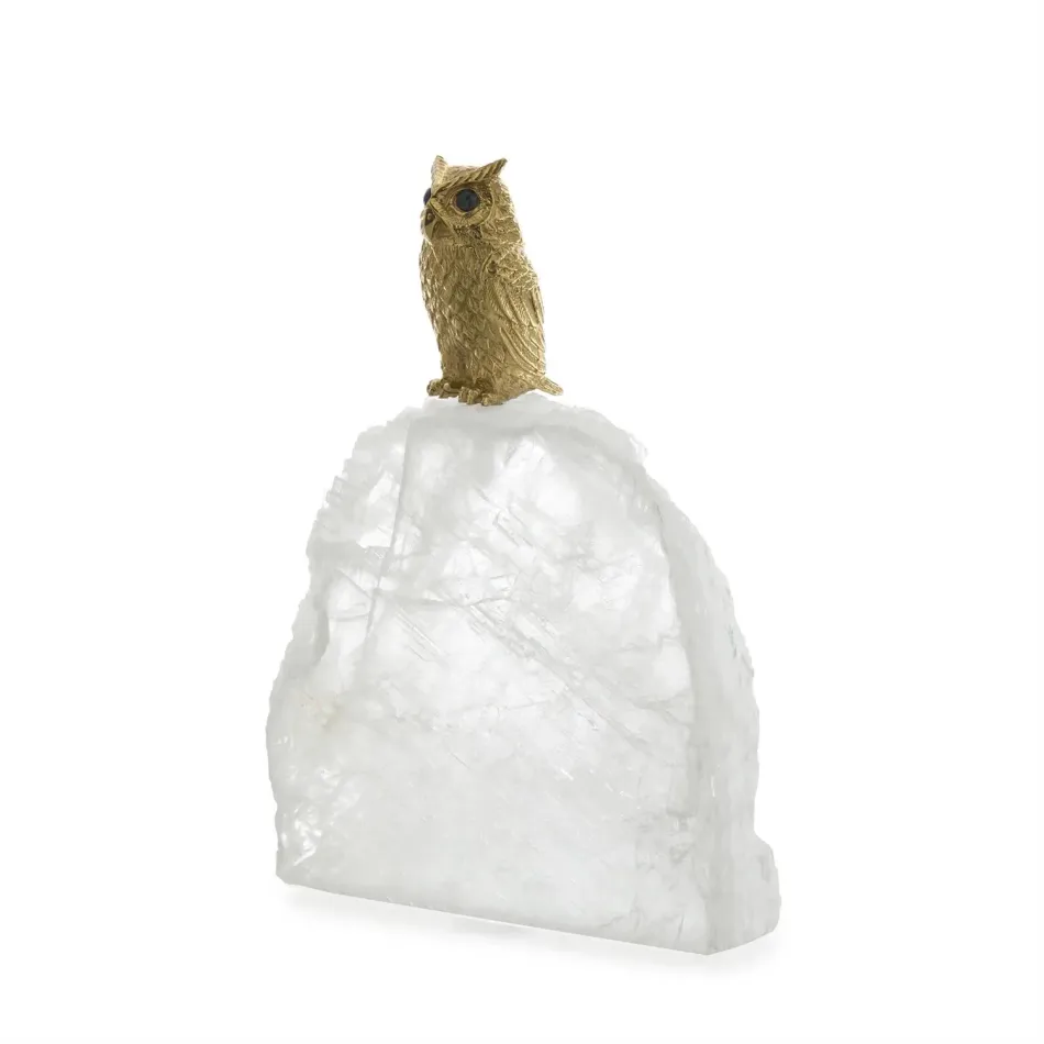 Perched Brass Owl Sculpture on Selenite