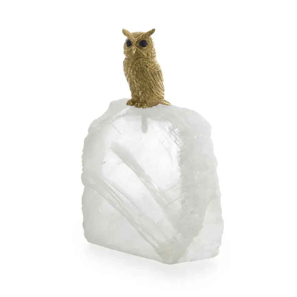 Perched Brass Owl Sculpture on Selenite Small