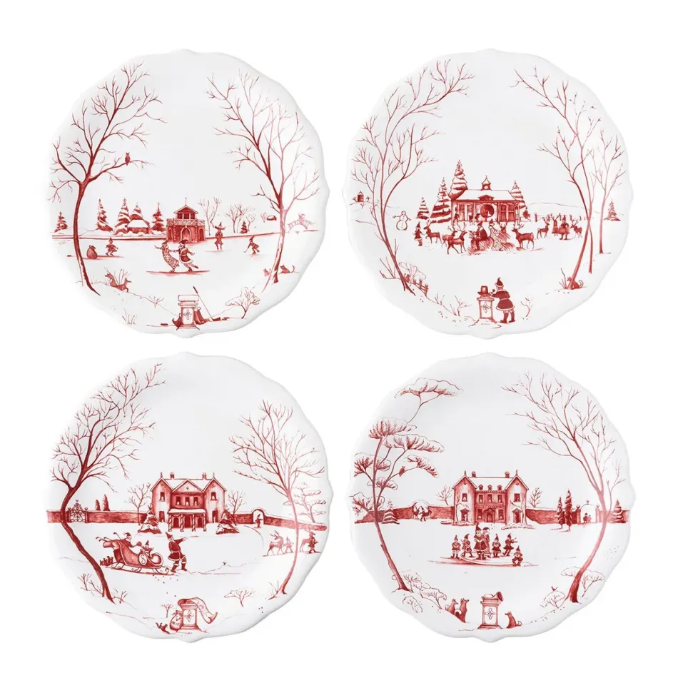 Country Estate Winter Frolic Ruby Party Plate Assorted Set of 4