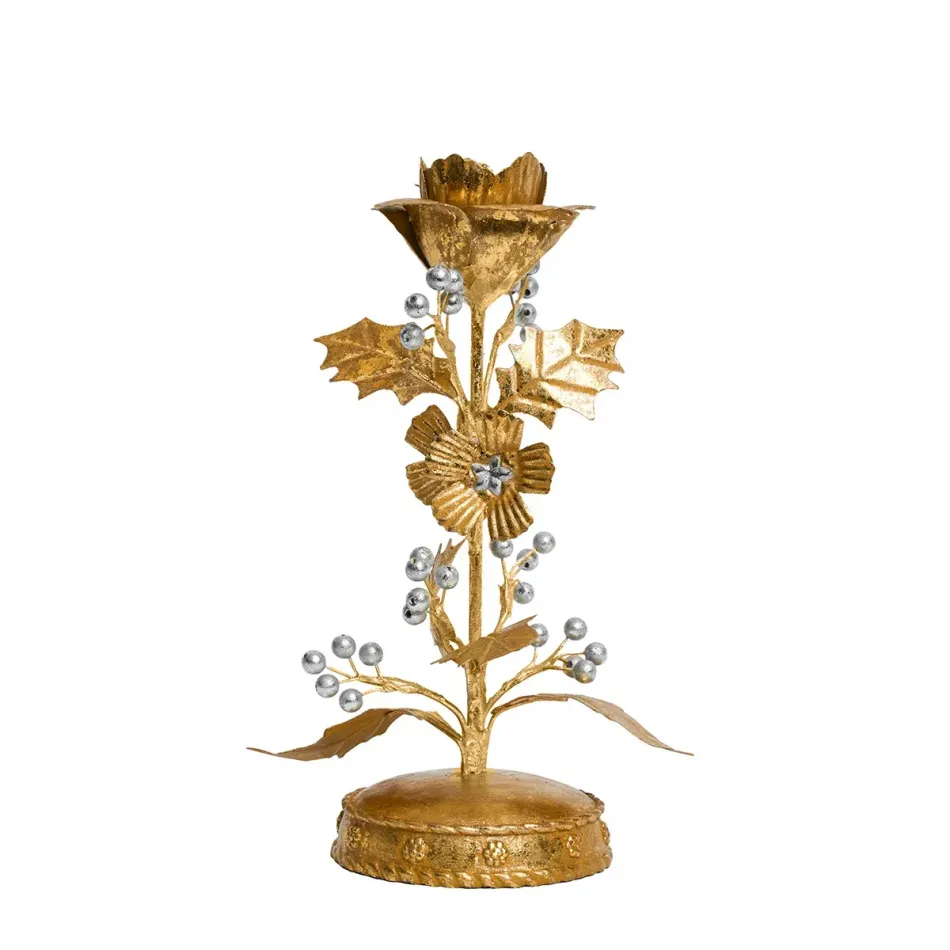 Forest Walk Gold/Silver Holly Candlestick 9"