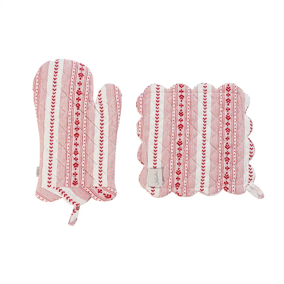 Villa Stripe Oven Mitt and Pot Holder Set of Two Pc Ruby