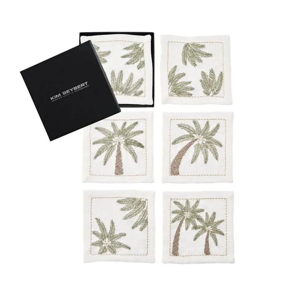 Palm Coast White/Green/Gold Cocktail Napkins, Set of Six