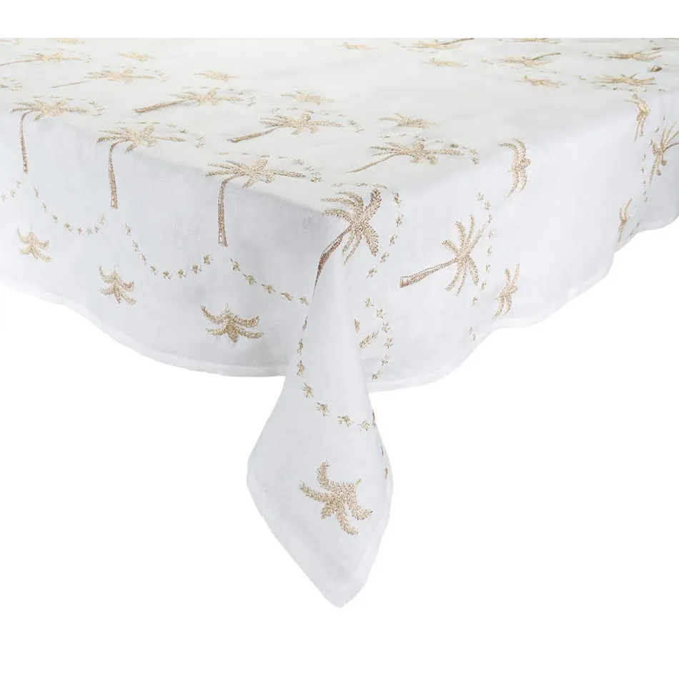 Embroidered Palm 52" x 100" White/Natural/Gold Tablecloth